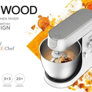 كينوود عجانه، هيكل معدني، 1200 واط، وعاء فولاذي سعة 6.7 لتر، مضرب، خفاقة، خطاف عجين،